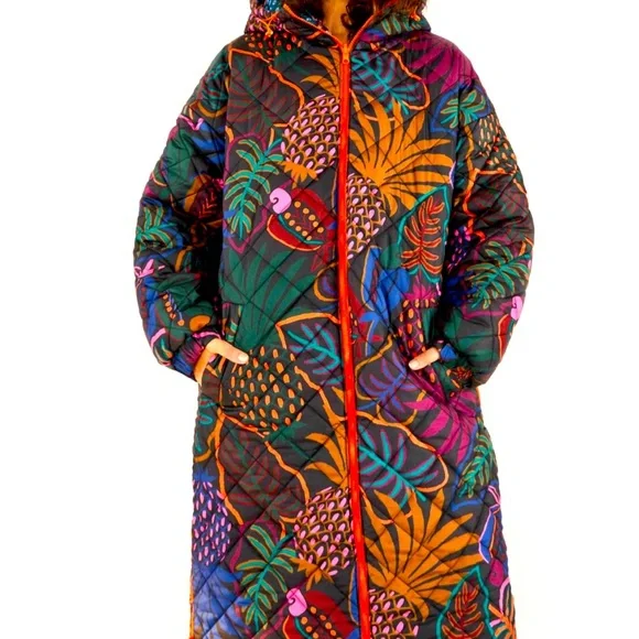 Farm Rio Jungle Puffer Coat Farm Rio L Large Green Cool Leopard